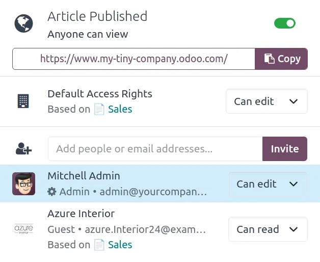 Odoo knowledge discuss, get acces