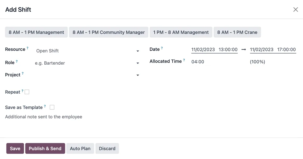 Odoo approvals planning, planning shift scheduling