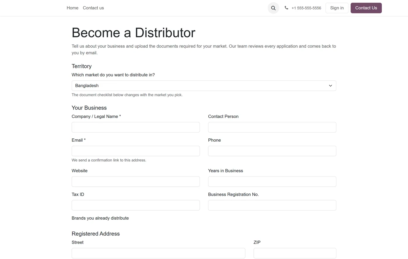Distributor Onboarding Portal for Odoo, apply form