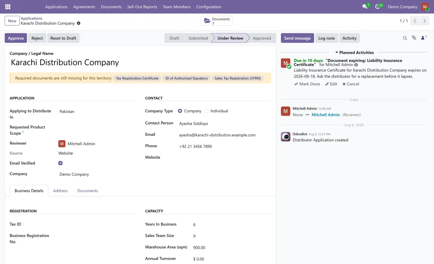 Distributor Onboarding Portal for Odoo, application form