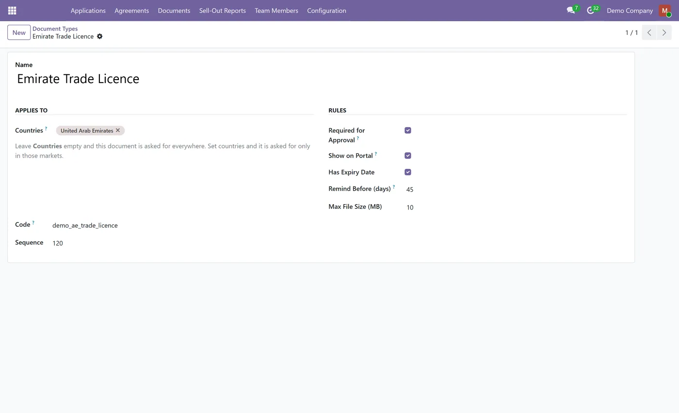 Distributor Onboarding Portal for Odoo, document type form