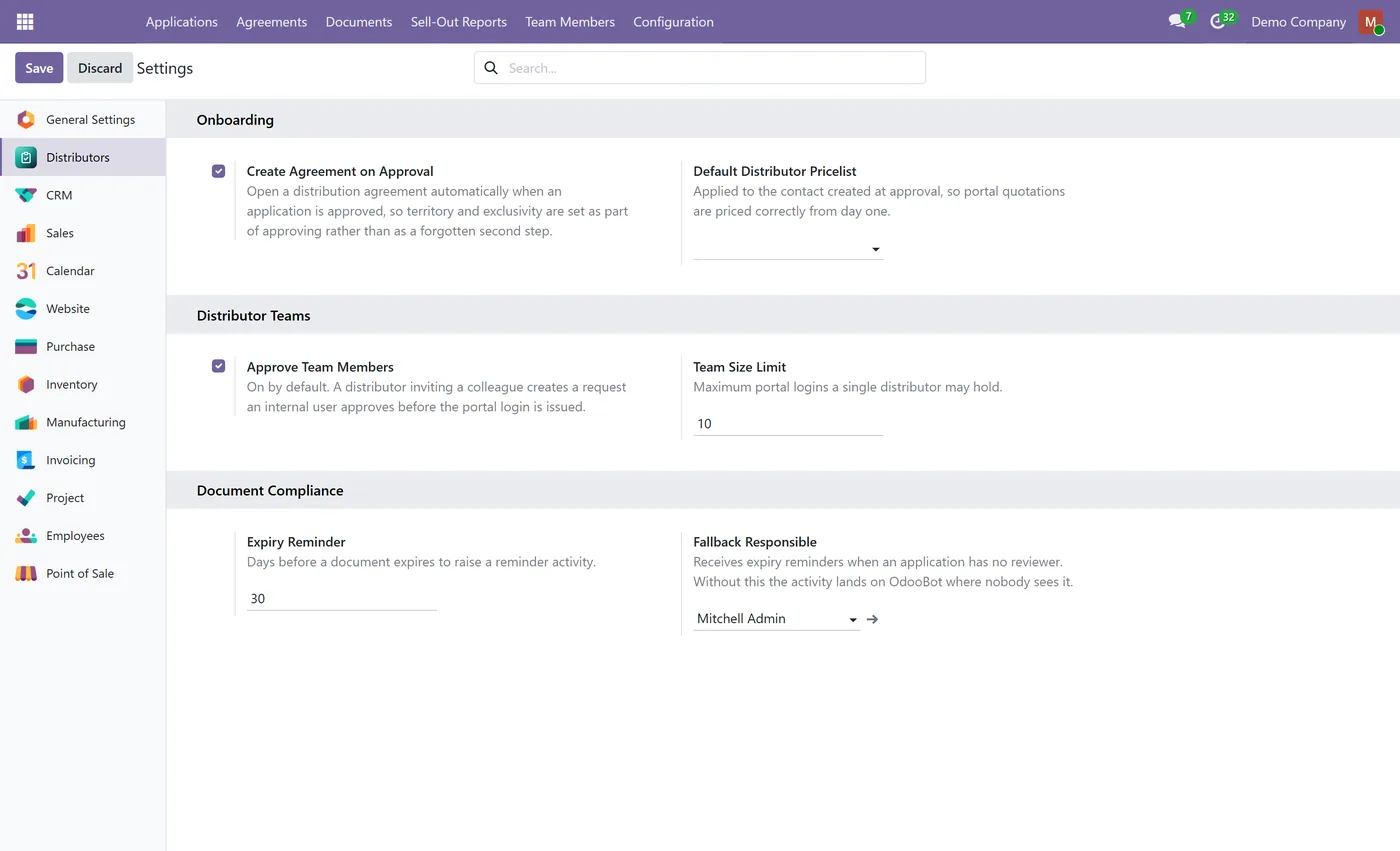 Distributor Onboarding Portal for Odoo, settings