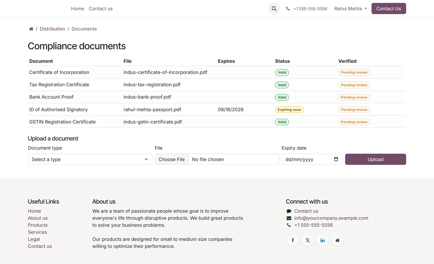 Distributor Onboarding Portal for Odoo, portal documents