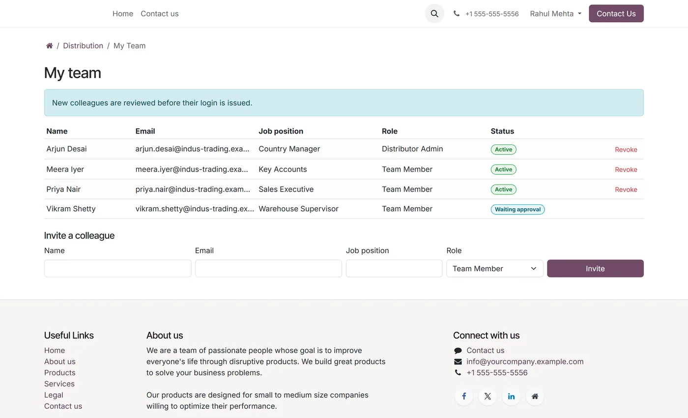 Distributor Onboarding Portal for Odoo, portal team