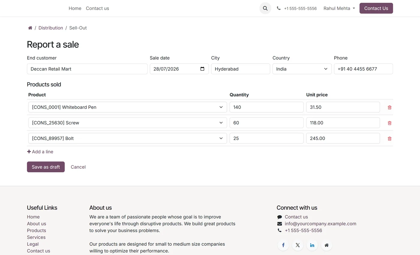 Distributor Onboarding Portal for Odoo, portal sellout form