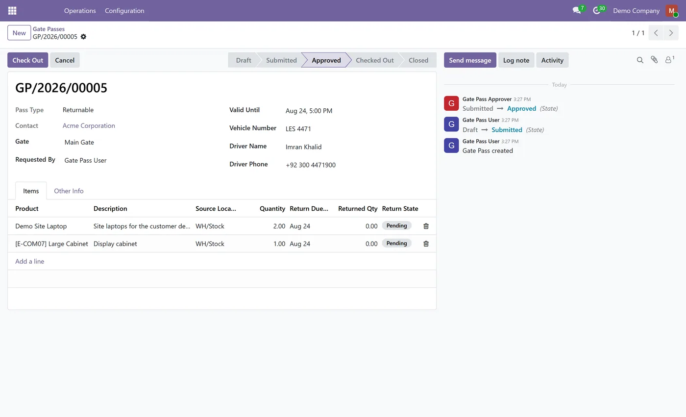 Gate Pass Management for Odoo, returnable pass