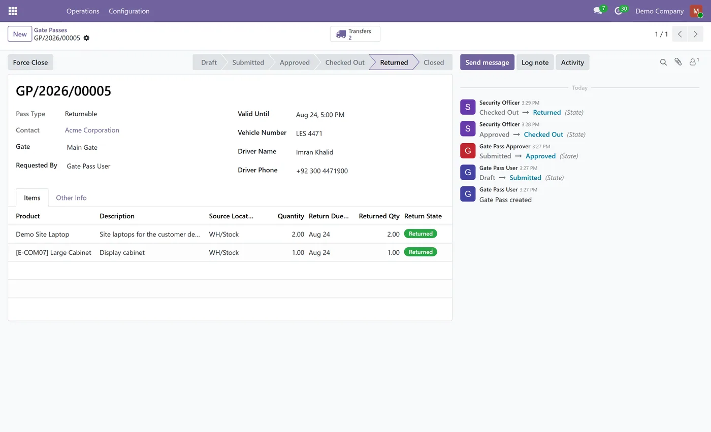 Gate Pass Management for Odoo, return processed