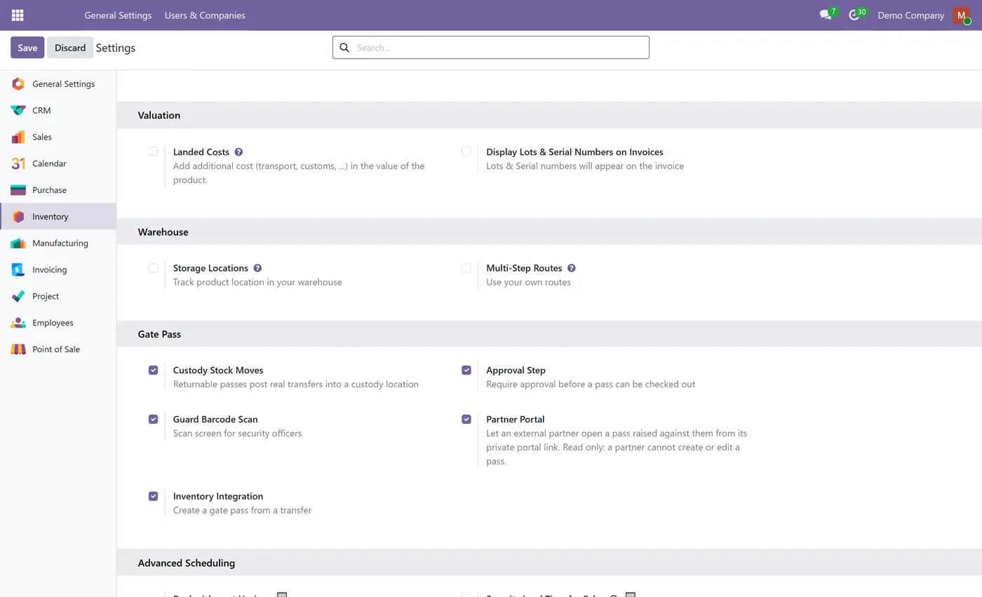 Gate Pass Management for Odoo, settings toggles