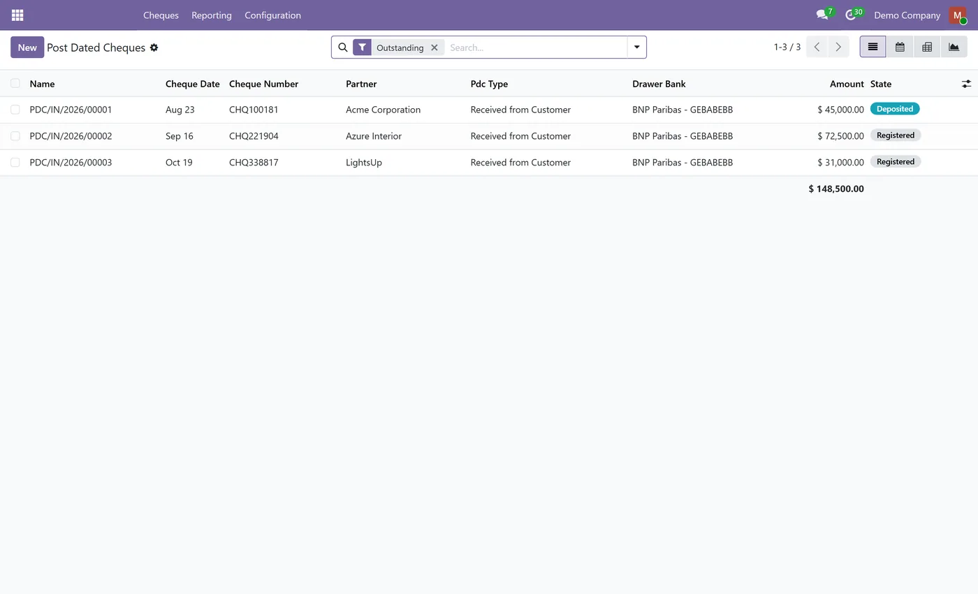 Post Dated Cheque Management for Odoo, cheque register