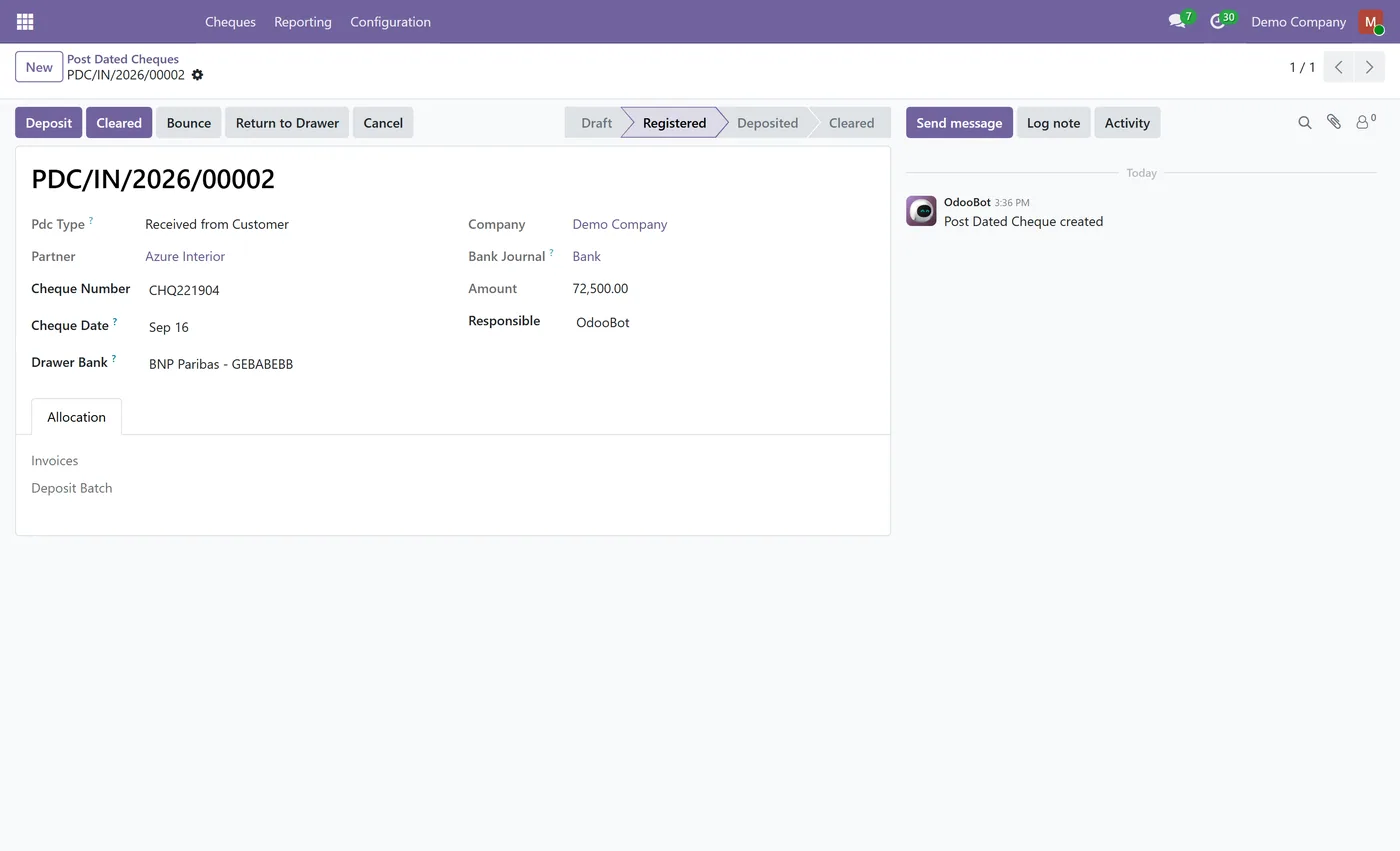 Post Dated Cheque Management for Odoo, cheque form