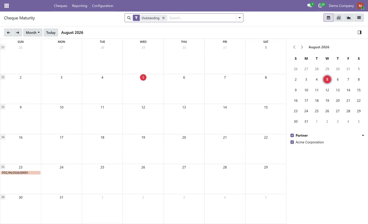Post Dated Cheque Management for Odoo, maturity calendar