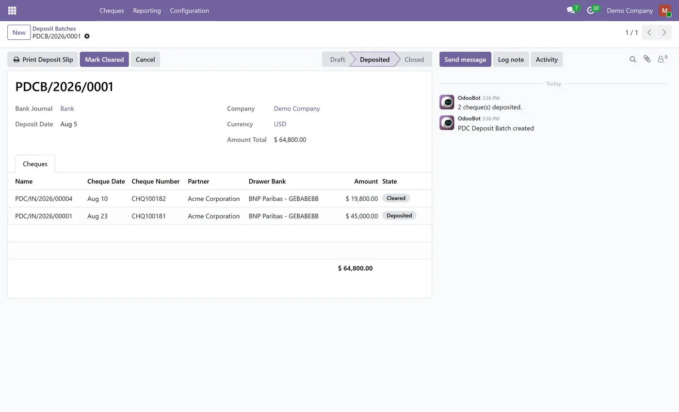 Post Dated Cheque Management for Odoo, deposit batch