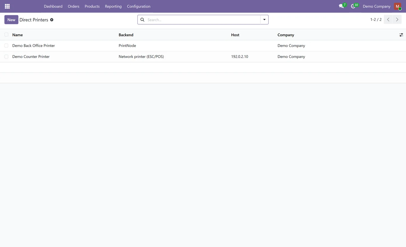 POS Direct Print for Odoo, printers
