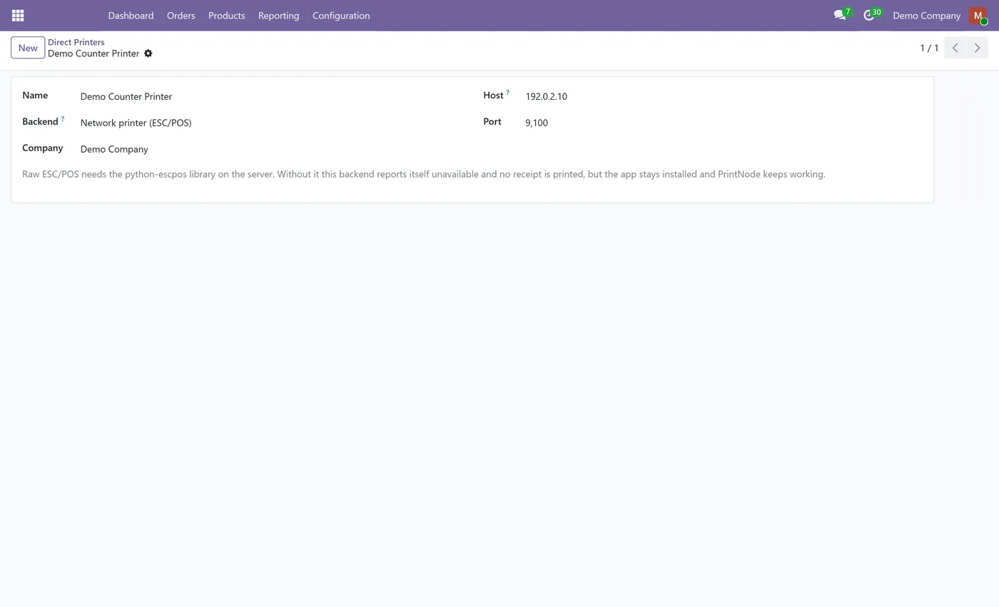 POS Direct Print for Odoo, printer form