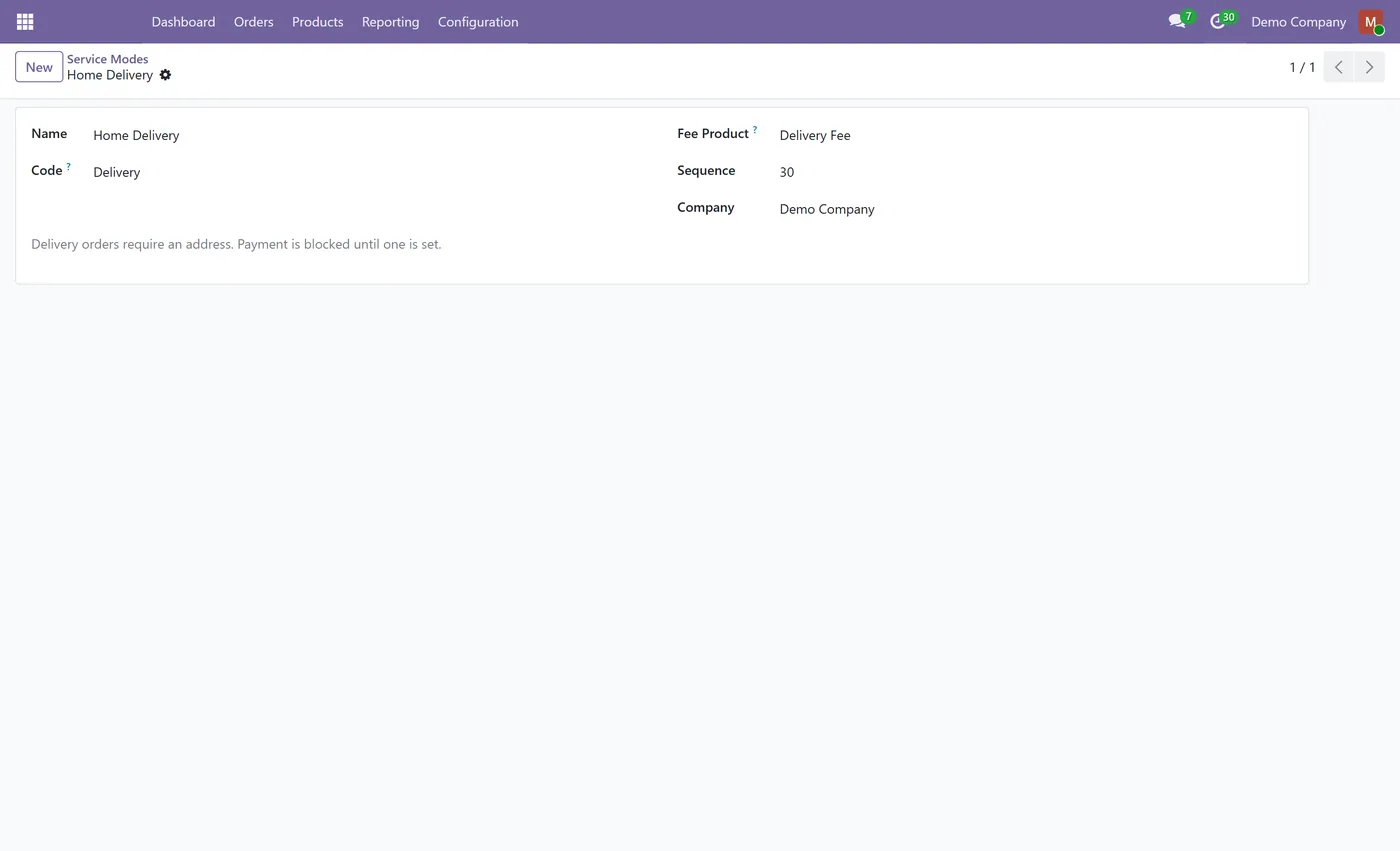 POS Service Modes for Odoo, mode form