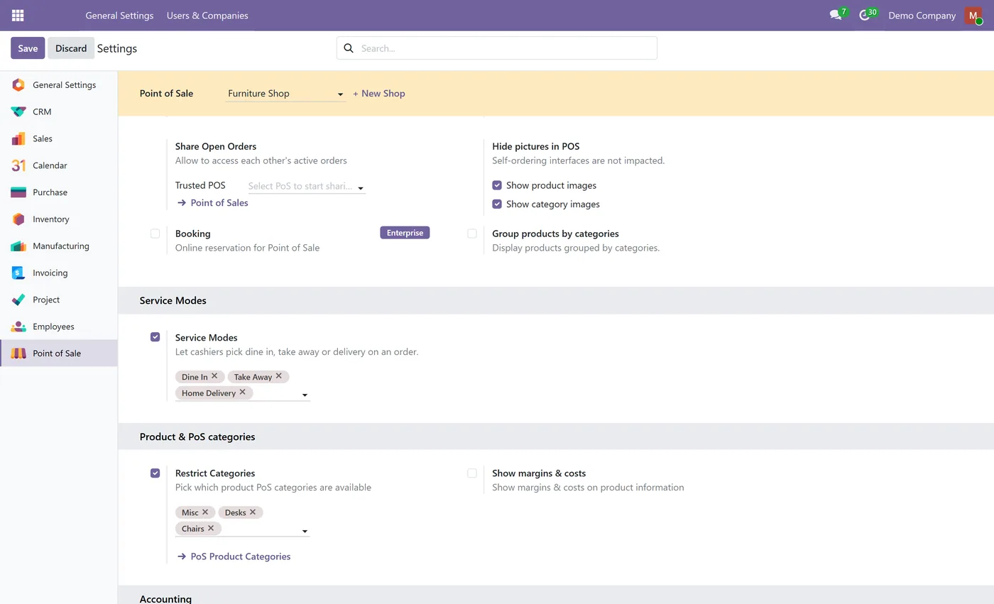 POS Service Modes for Odoo, settings