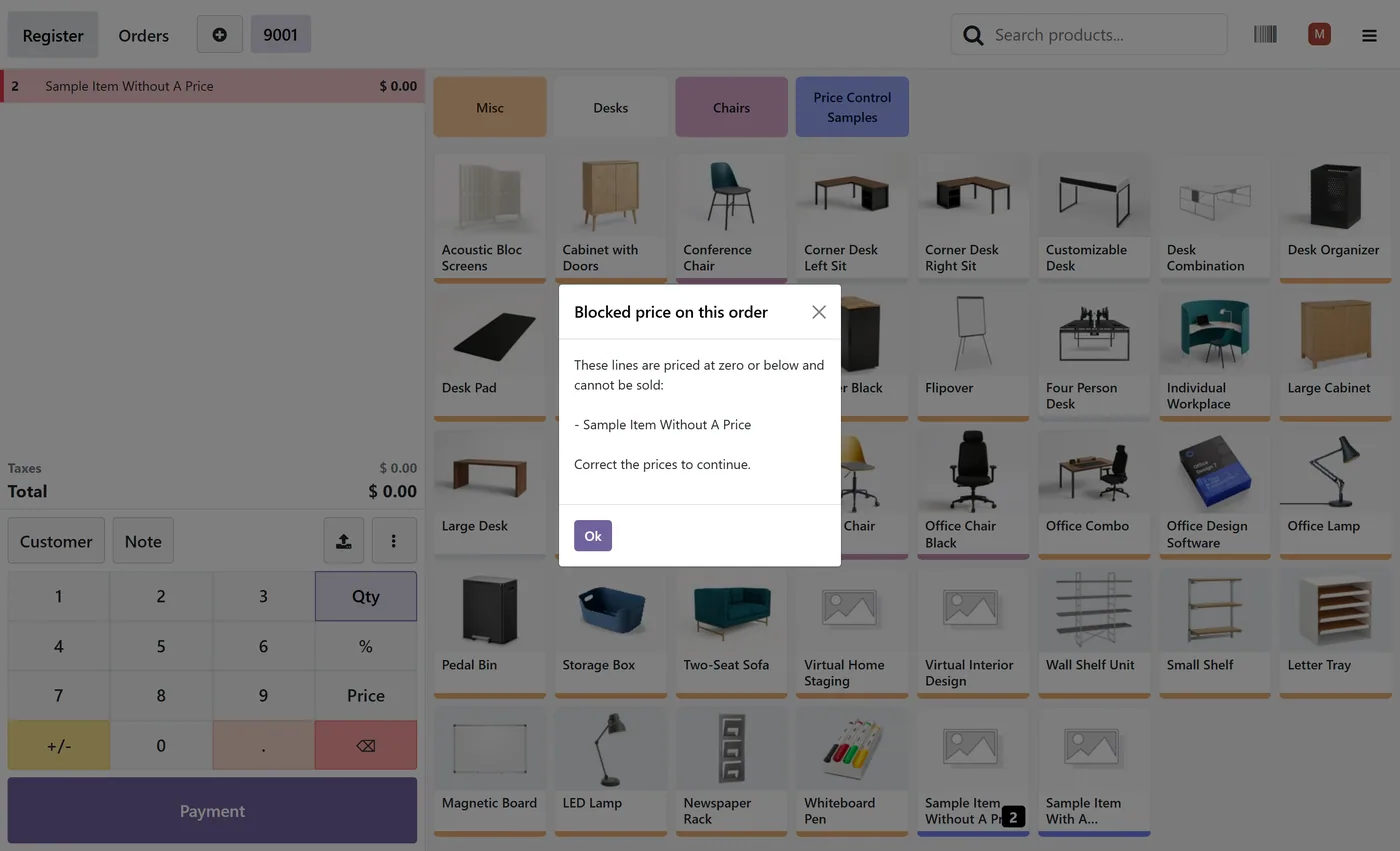 POS Zero Price Block for Odoo, pos payment blocked