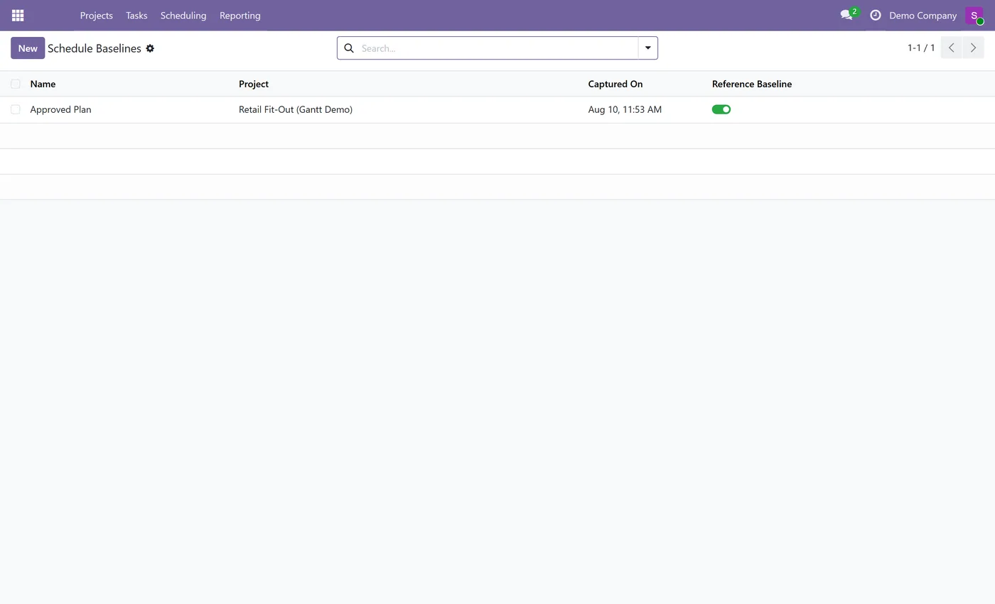 Gantt Chart and Critical Path for Odoo, baselines