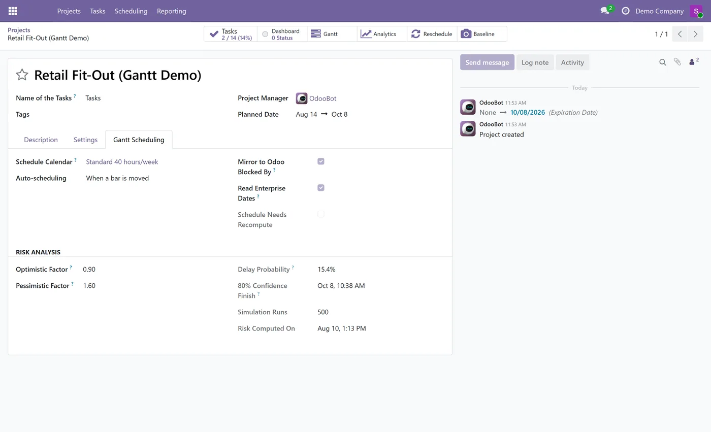 Gantt Chart and Critical Path for Odoo, project settings