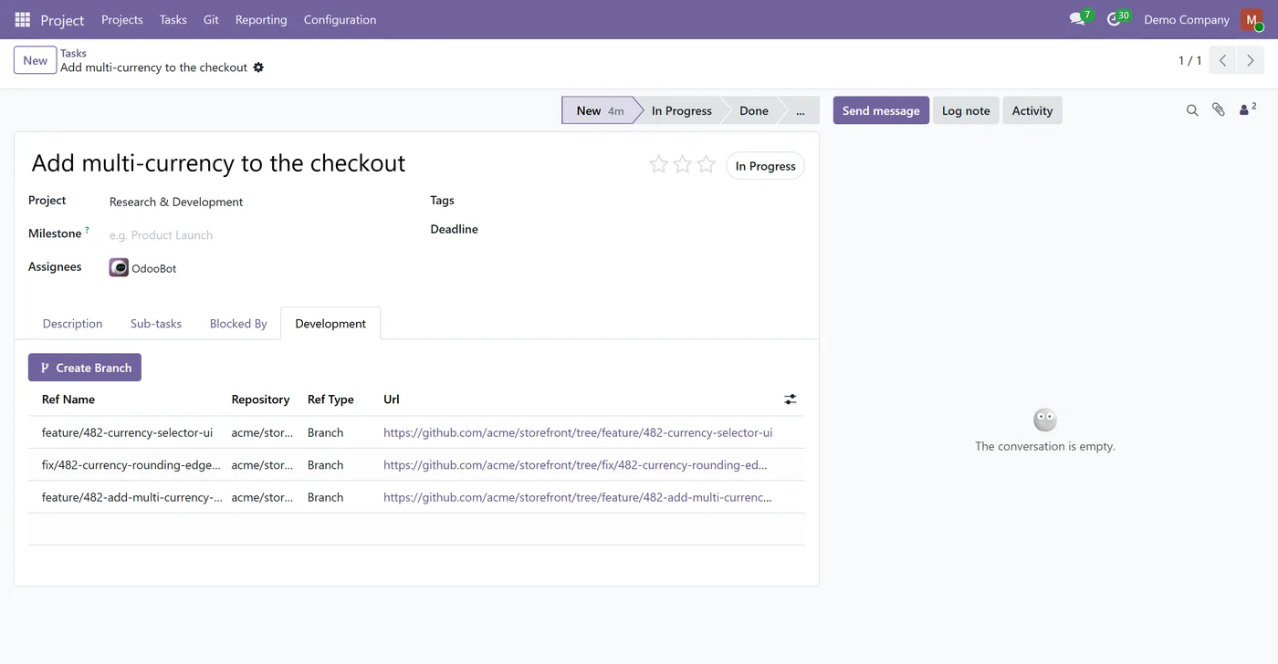 GitHub Integration for Project for Odoo, task development panel