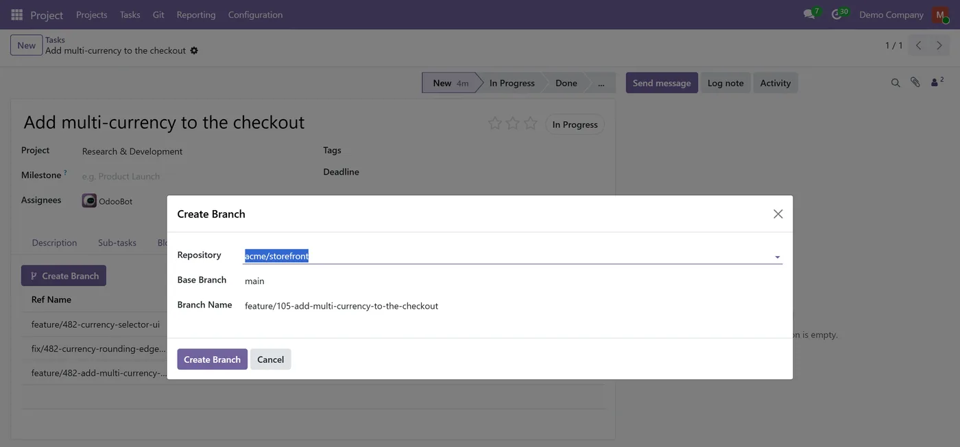 GitHub Integration for Project for Odoo, create branch wizard