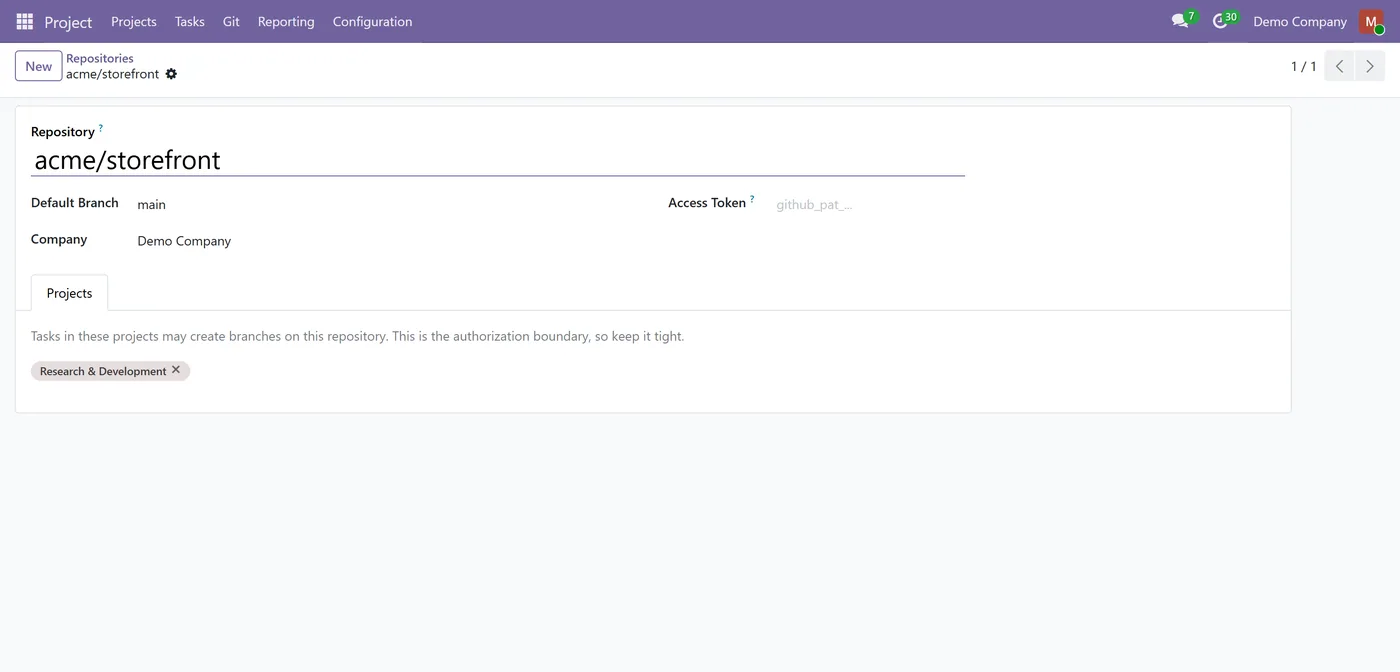GitHub Integration for Project for Odoo, repository configuration