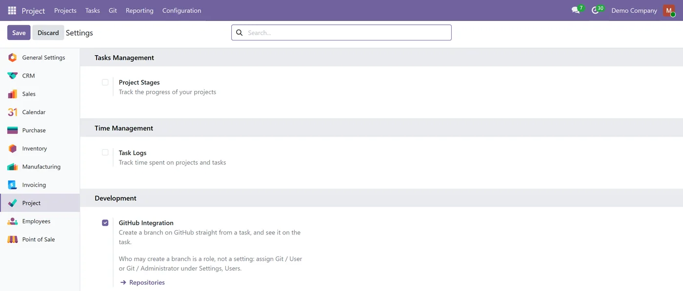 GitHub Integration for Project for Odoo, project settings toggle