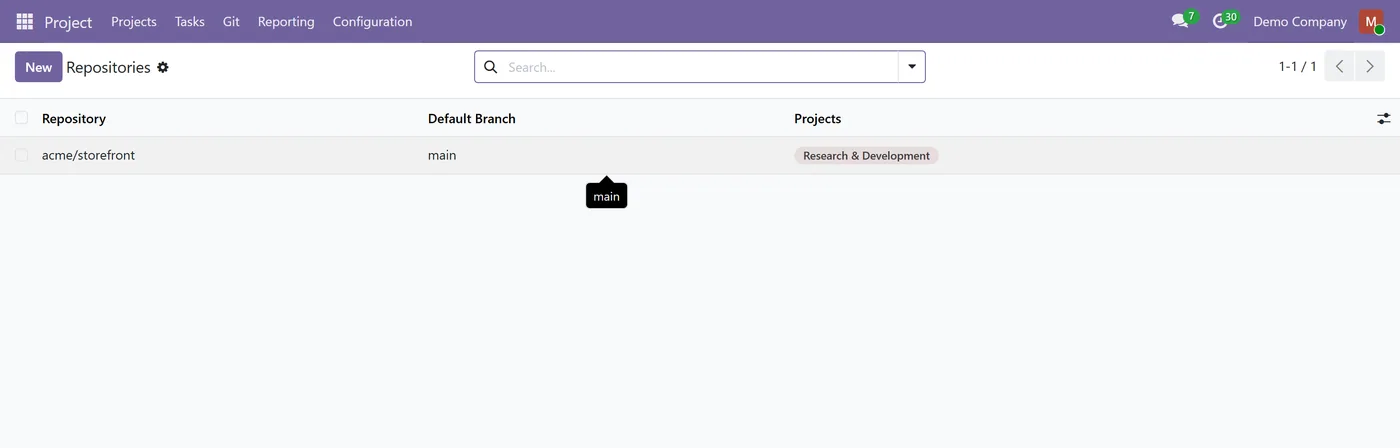 GitHub Integration for Project for Odoo, repository list