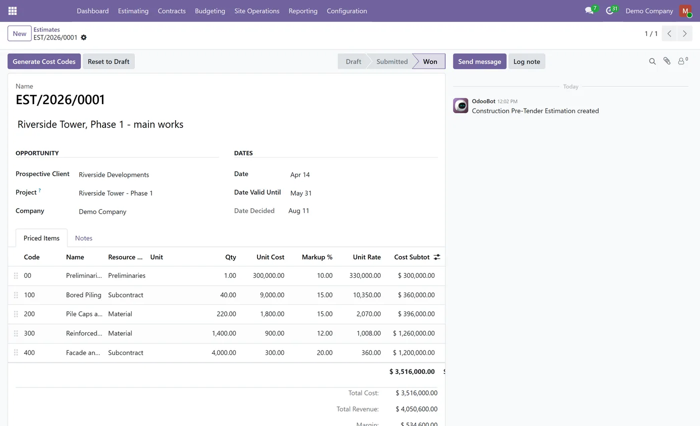 Construction Management for Odoo, estimate won
