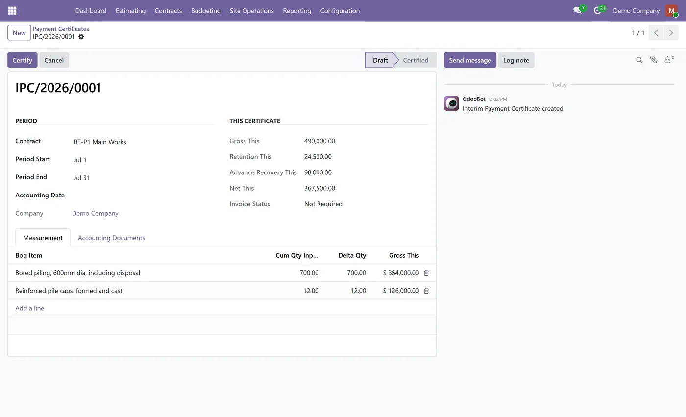 Construction Management for Odoo, payment certificate