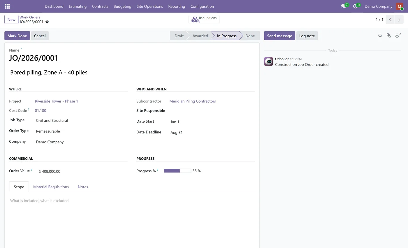 Construction Management for Odoo, work order