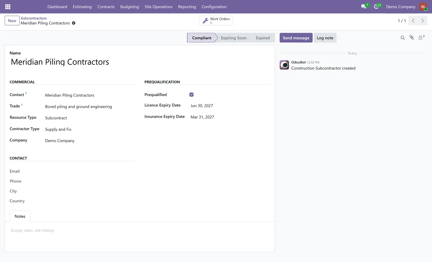 Construction Management for Odoo, subcontractor
