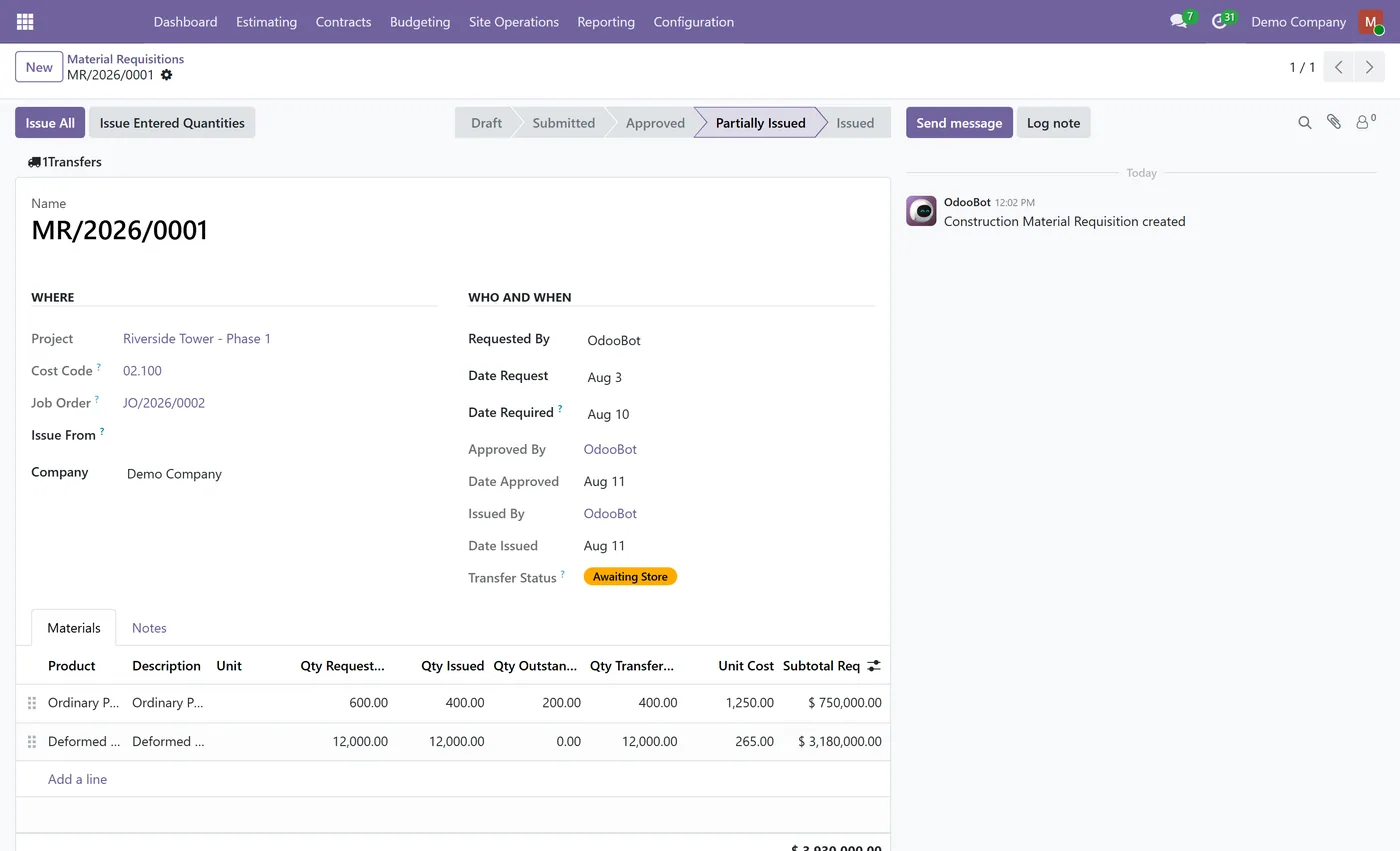 Construction Management for Odoo, material requisition