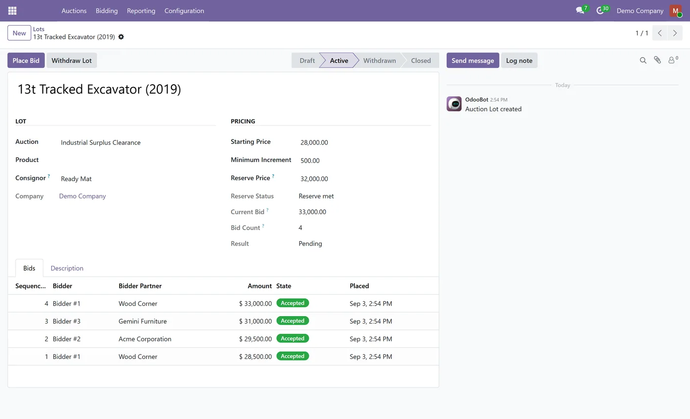 B2B Auction Management for Odoo, lot bid history