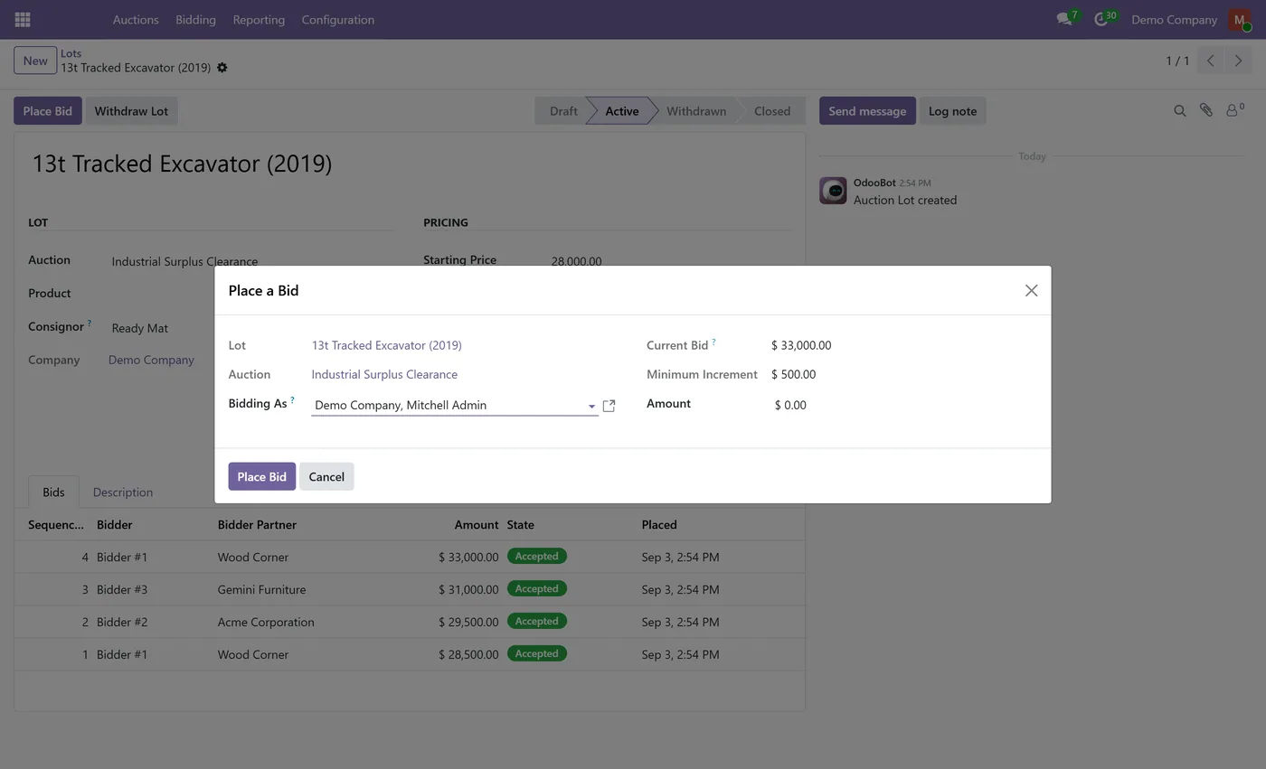 B2B Auction Management for Odoo, place bid dialog