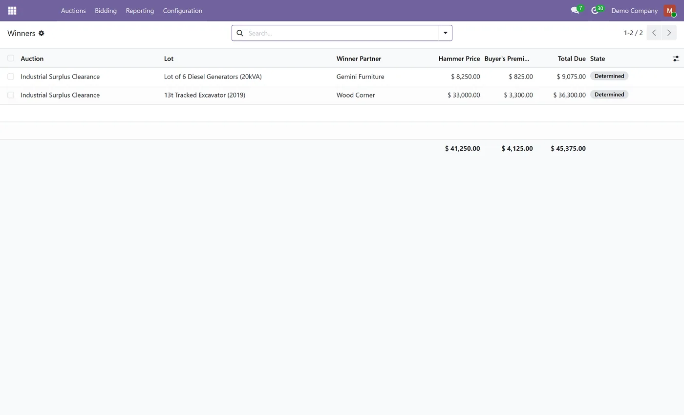 B2B Auction Management for Odoo, winners