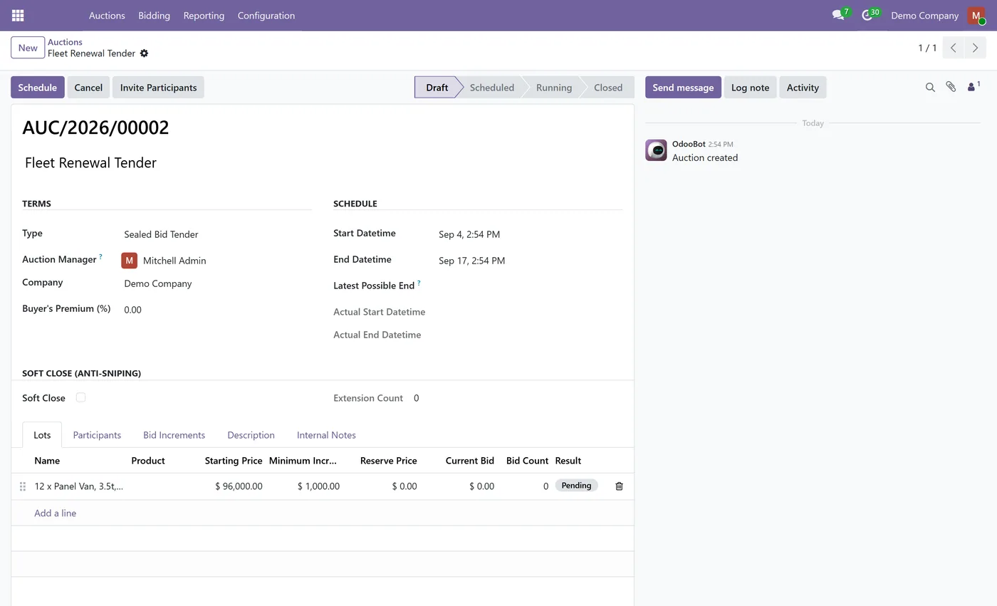 B2B Auction Management for Odoo, auction setup