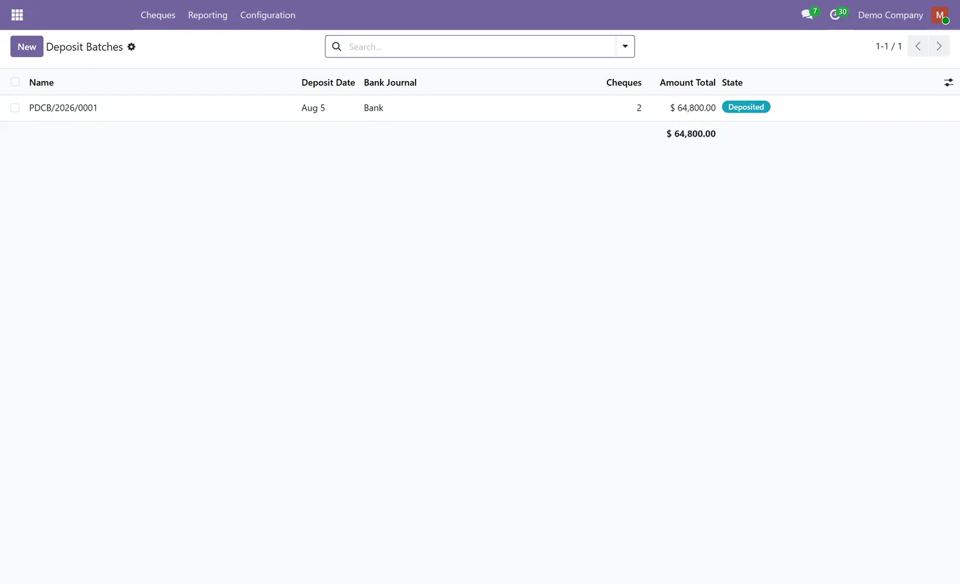 Post Dated Cheque Management for Odoo, batch list