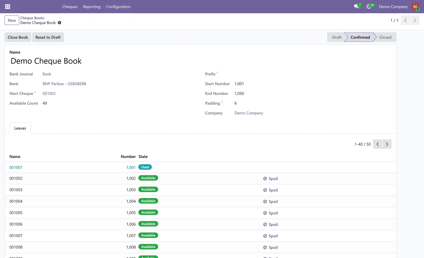 Post Dated Cheque Management for Odoo, cheque book