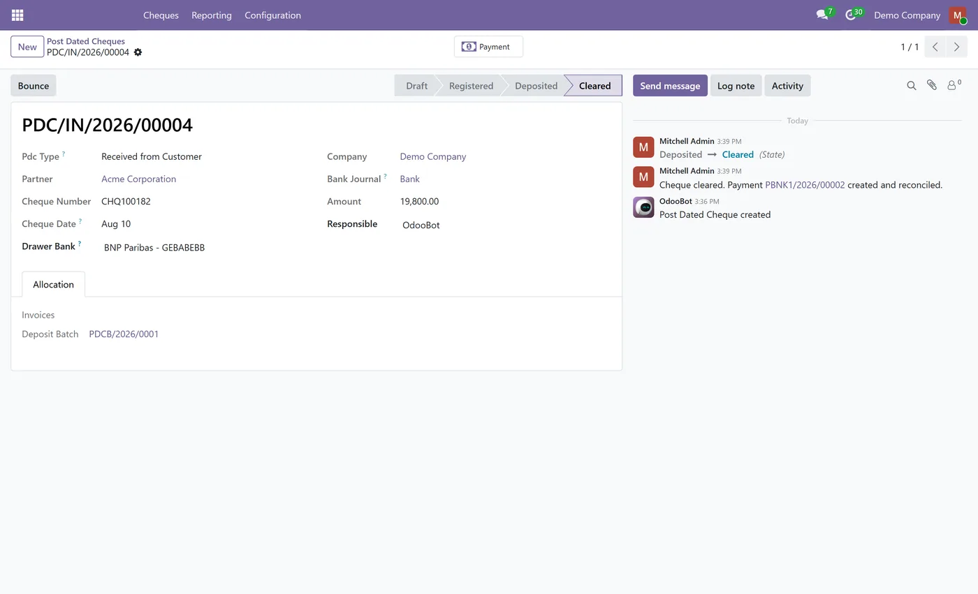 Post Dated Cheque Management for Odoo, cleared cheque
