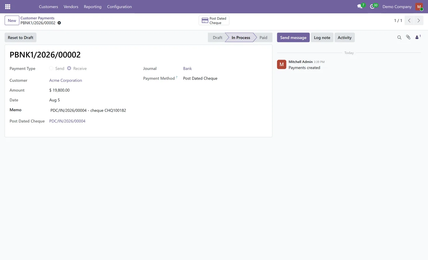 Post Dated Cheque Management for Odoo, payment link