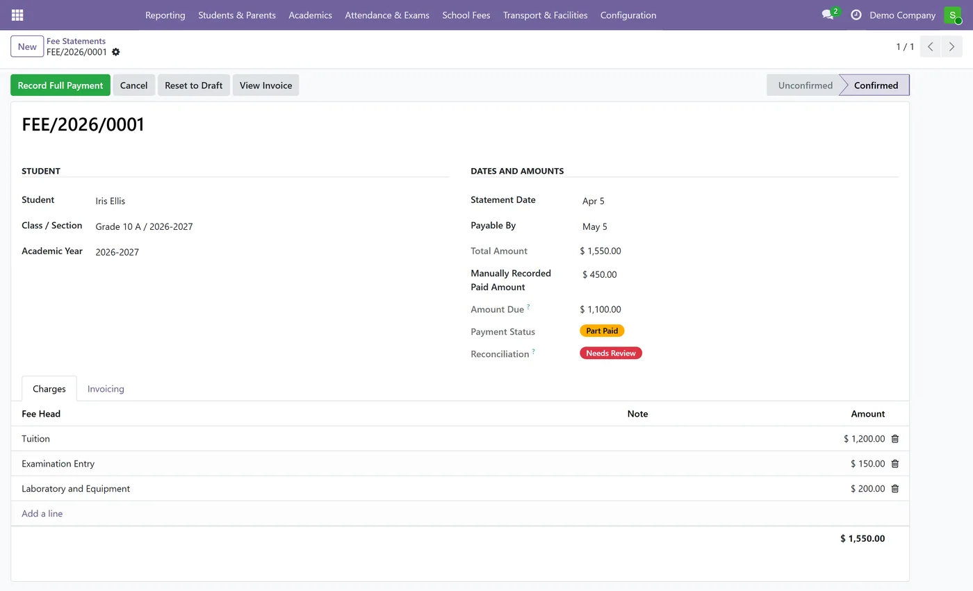 School Fee Invoicing and Parent Portal for Odoo, reconciliation gap