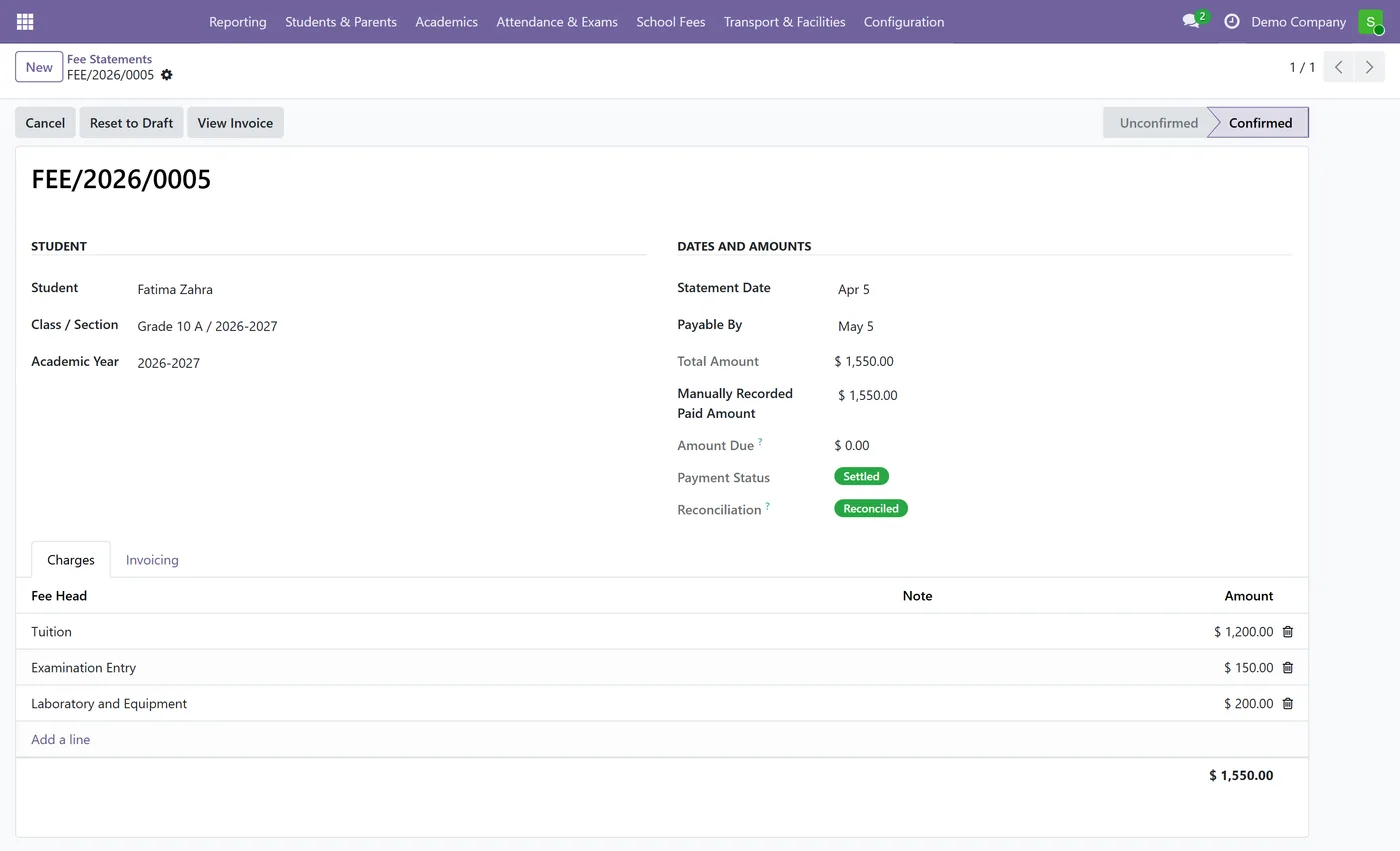School Fee Invoicing and Parent Portal for Odoo, fee statement invoiced