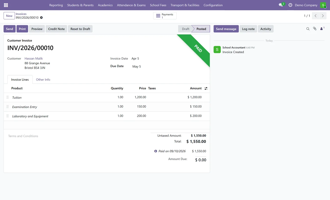 School Fee Invoicing and Parent Portal for Odoo, customer invoice