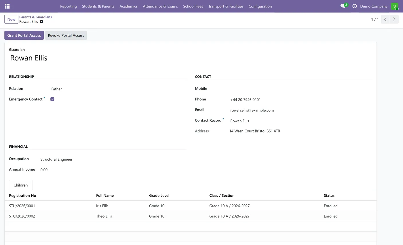 School Fee Invoicing and Parent Portal for Odoo, guardian portal access