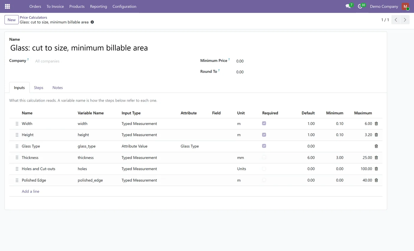 Dynamic Pricelist Calculator for Odoo, glass inputs