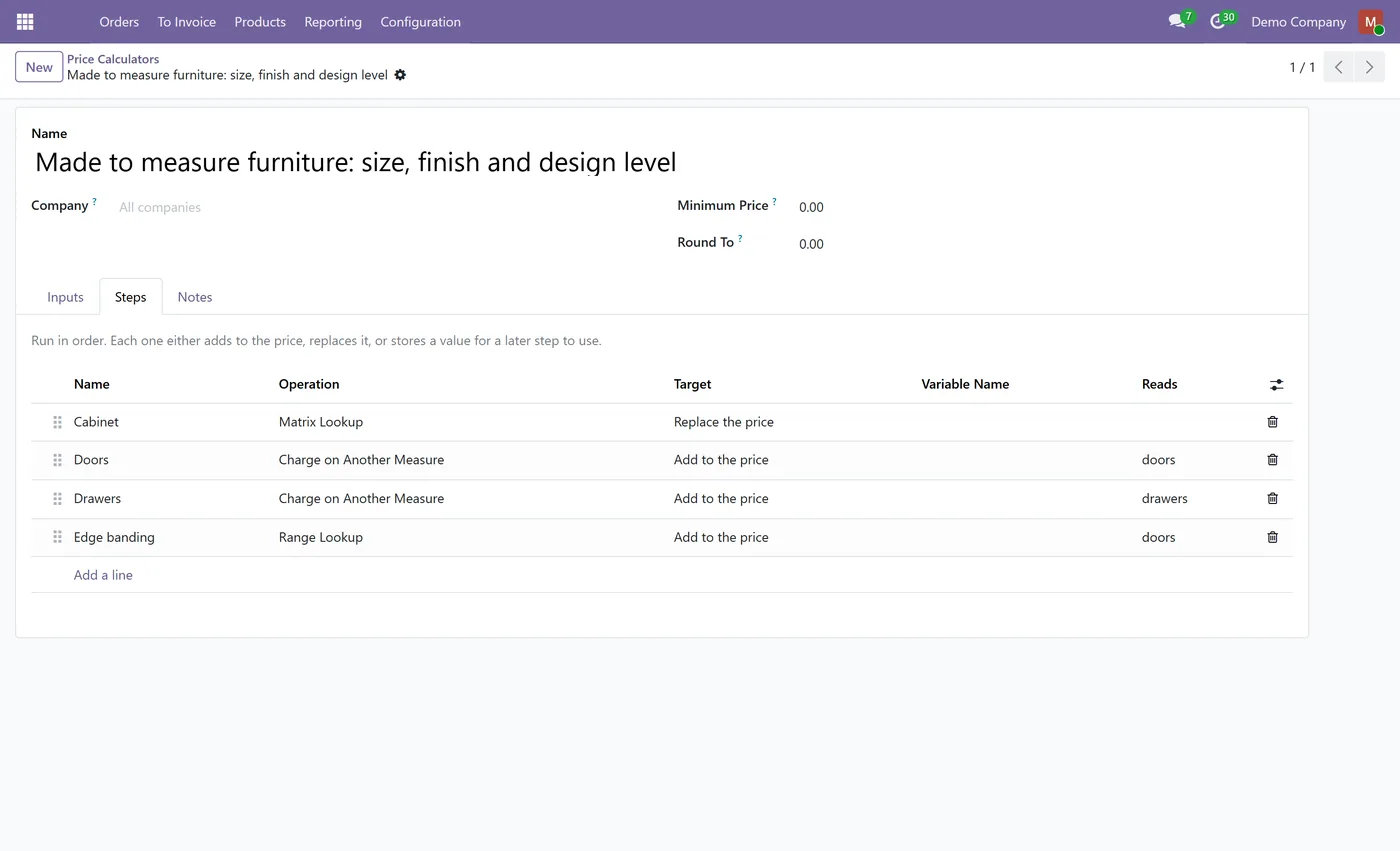 Dynamic Pricelist Calculator for Odoo, furniture matrix