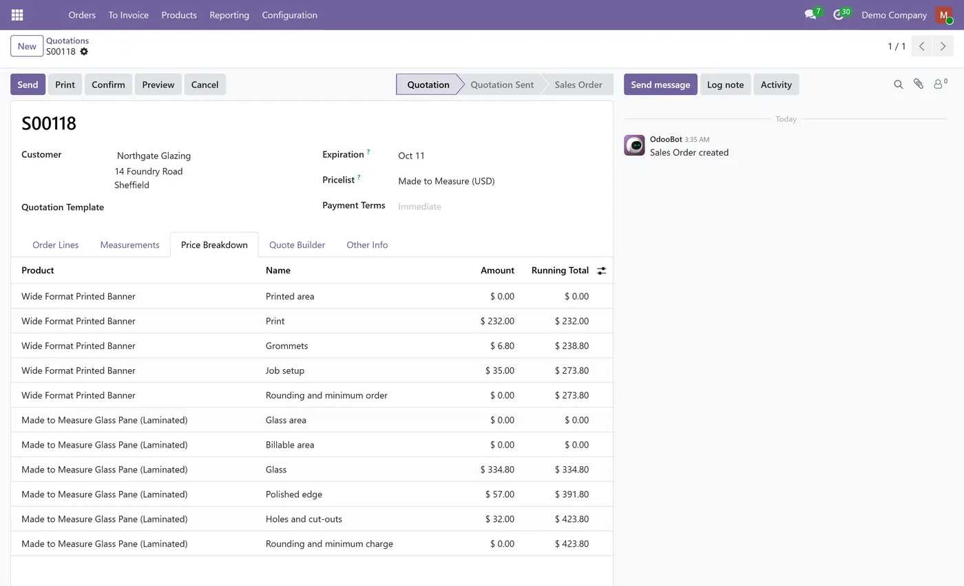 Dynamic Pricelist Calculator for Odoo, quotation breakdown