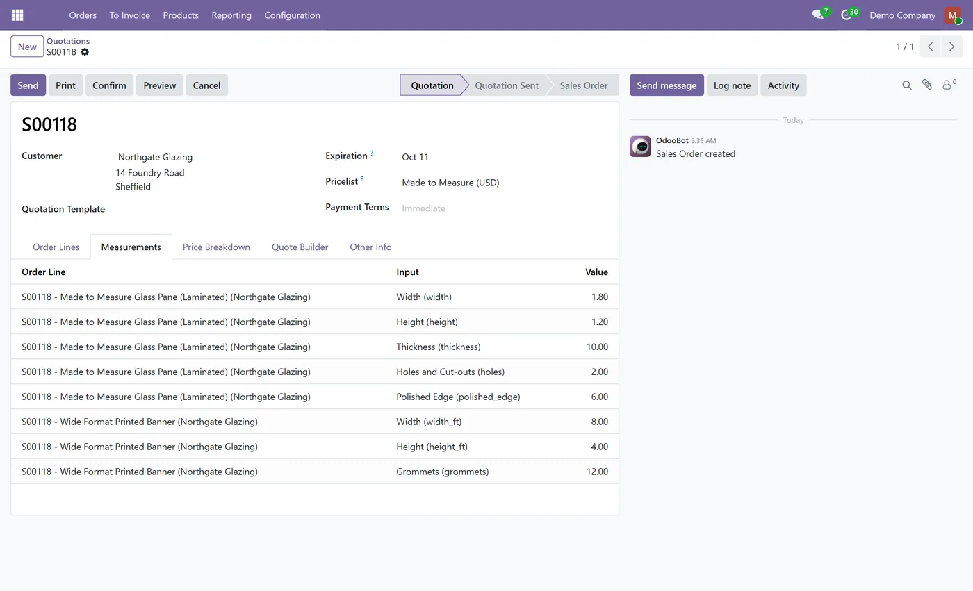 Dynamic Pricelist Calculator for Odoo, quotation measurements