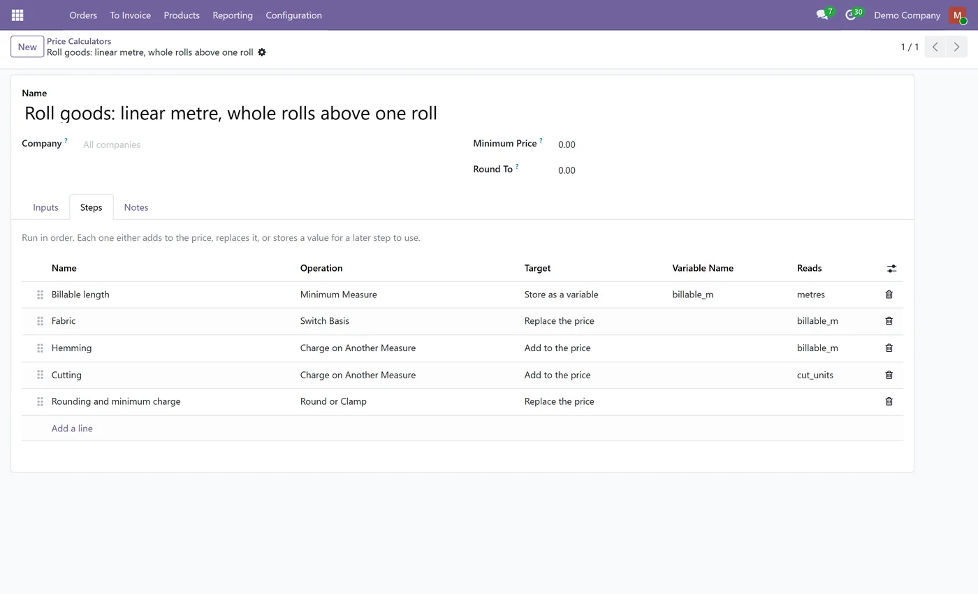 Dynamic Pricelist Calculator for Odoo, textile basis